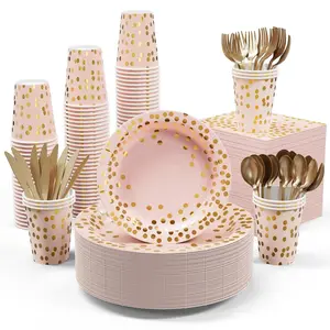 Black/White/Pink 175 or 350pc set  Disposable Plates and Tableware Set: Dinner Plates,Dessert Plates,Cups,Napkins,Knife,Forks,Fpoons-Perfect for Party Weddings Celebrations Reusable |BPA Free