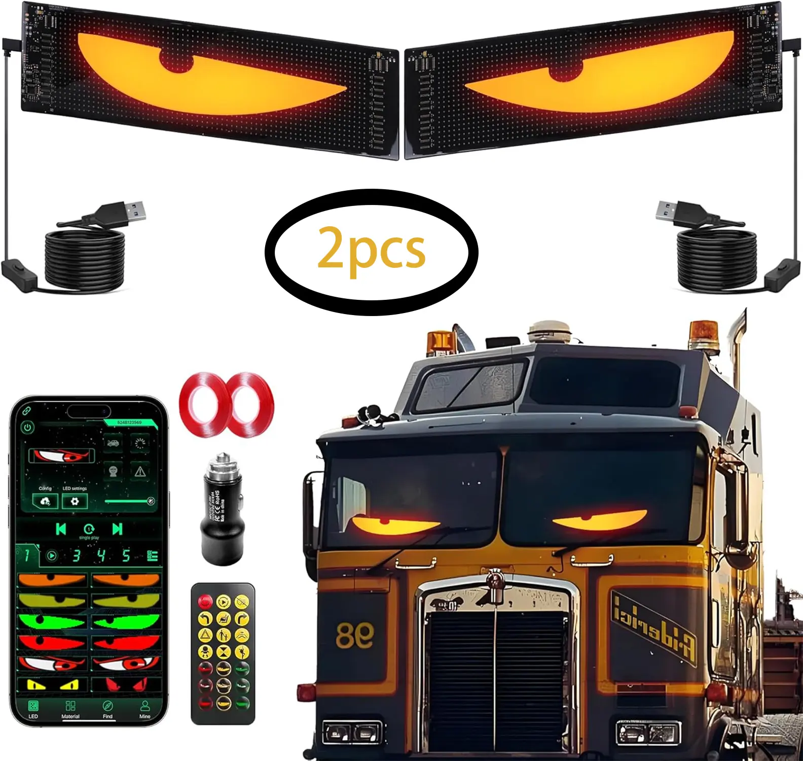 Devil Eyes LED Light Strips for Vehicles, 14.76x3.62in Customizable Windshield Decor, App-Controlled USB-Powered 2pcs LED Car Ambient Light with Full Color Bead Tech, Cool Car Decorations Truck Accessories, Cars