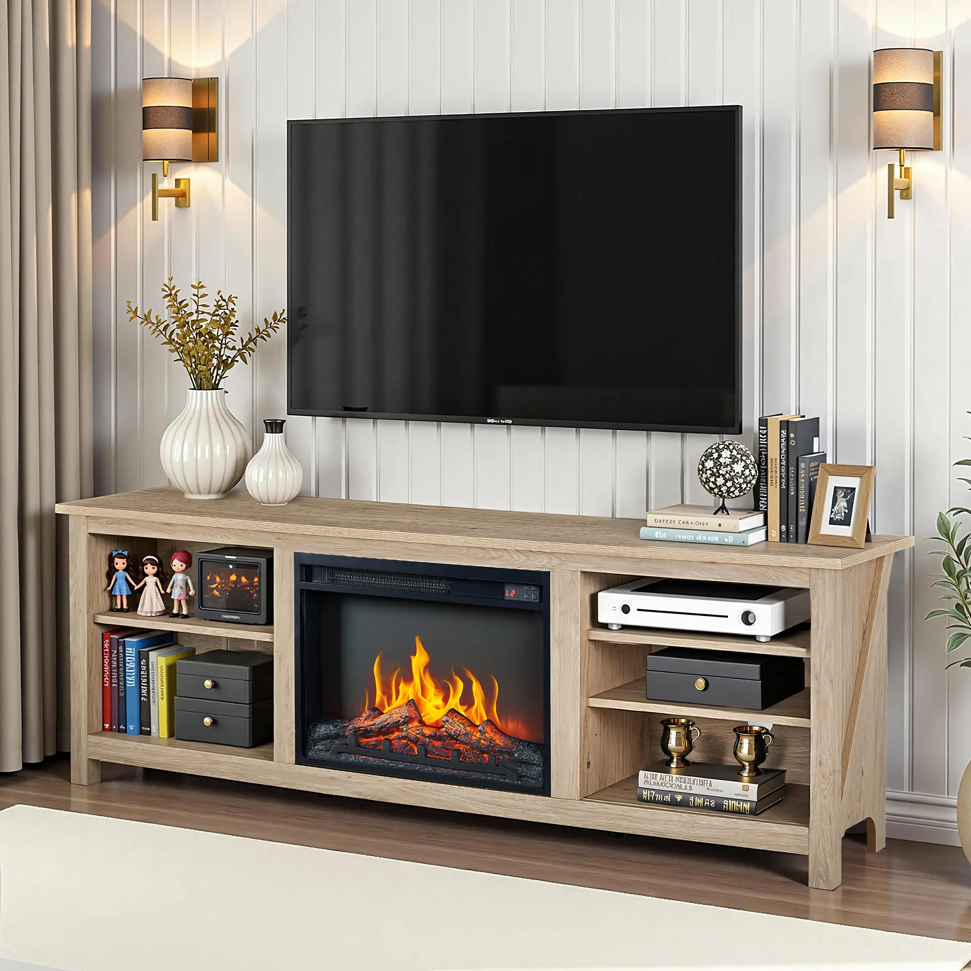 ALBOTT 70" Fireplace TV Stand with 23" Electric Fireplace for 80" TVs | Wood Texture Finish, Farmhouse Style, Entertainment Stand, Media TV Console, Storage Cabinet, Living Room[tiktokshopbacktoschool][SohoChic]