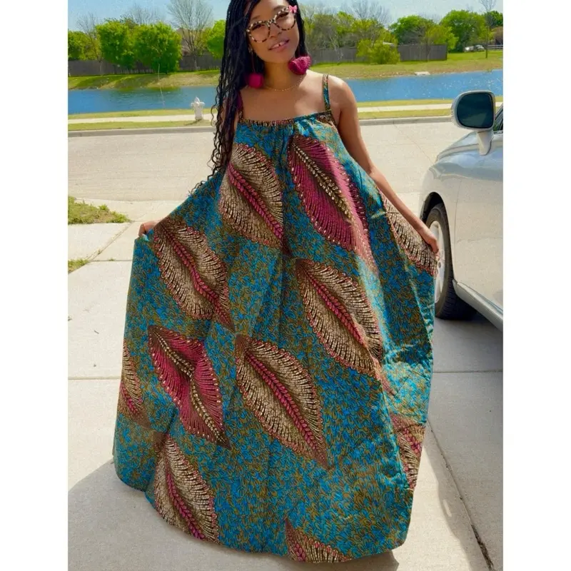 Ankara ACHALUGO DRESS in Vibrant Blue & Green with Free Matching Rattan Earrings for Stylish Outfits - Casual Womenswear