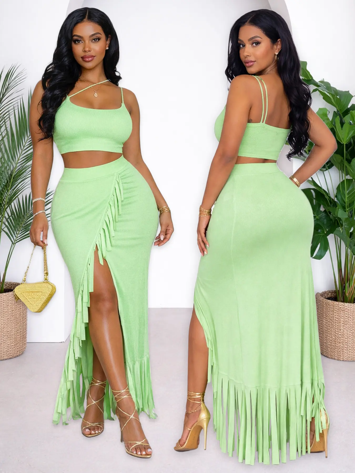 Women's Basic Sleeveless Lime Green Ribbed 2-Piece Set - Short Crop Top & Fringe Split Pencil Maxi Skirt, Women's Clothes for Summer Parties, Going Out Clothing Sets