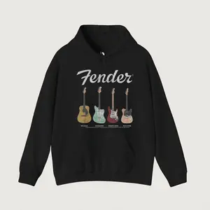 Fender Iconic Guitars Vintage Graphic Hoodie, Fleece Fabric Pullover Unisex Casual Streetwear Trendy Top for Men for Women