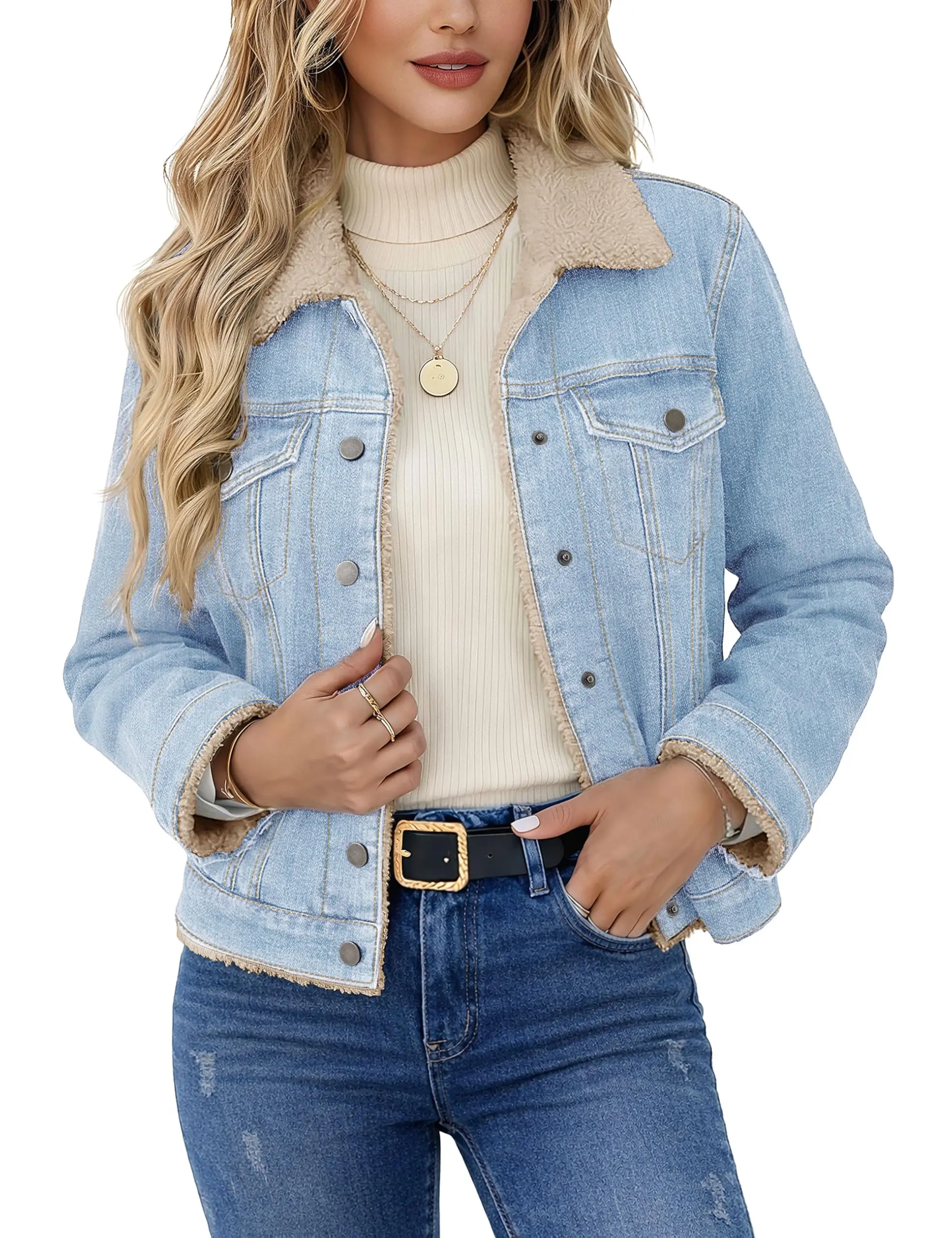 YUCOLEN Women's Denim Jacket, Vintage Cowboy Style Trucker Coat over Sweaters, Sherpa Lined Warm Fleece Tops with Pockets and Buckle, Retro, Adjustable, Soft, Thick