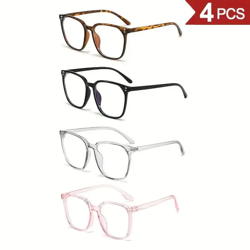 4-Pack Women's Blue Light Blocking Glasses Anti-Round Face Eyewear Set 4 Fashion Frame Colors Internet Celebrity Style Windproof No-Makeup Essential Leopard Pattern Eyeglasses SpringStatements