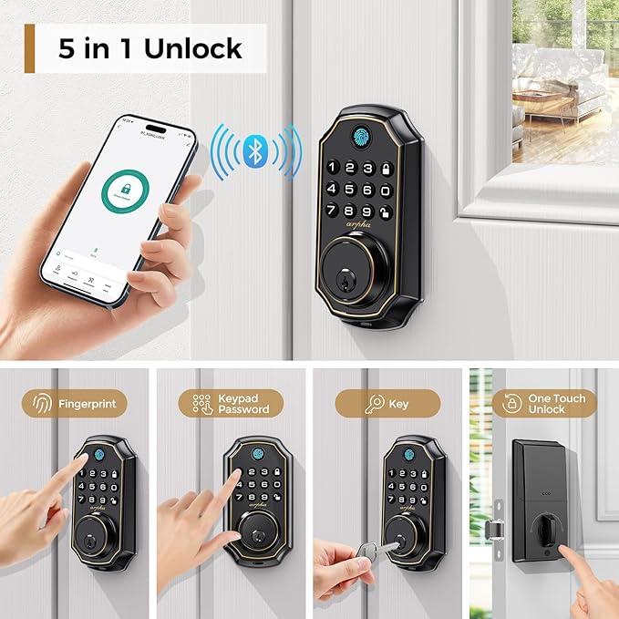 Arpha D180 Keyless Entry Door Lock with Keypad Smart Deadbolt Lock for Front Door 2 Keys Auto Lock Easy Installation Suitable for Various Scenarios Multiple Styles to Choose From with or without APP;Version with and without fingerprint