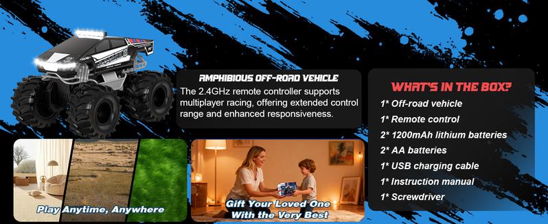 911 Police Amphibious Remote-Controlled Vehicle 1:18 Scale Boys' Police Truck Toy 2.4GHz Waterproof Remote-Controlled Truck 4WD All-Terrain Off-Road Pickup Children's Christmas & Birthday Gift Suitable for Boys & Girls Ages 6+