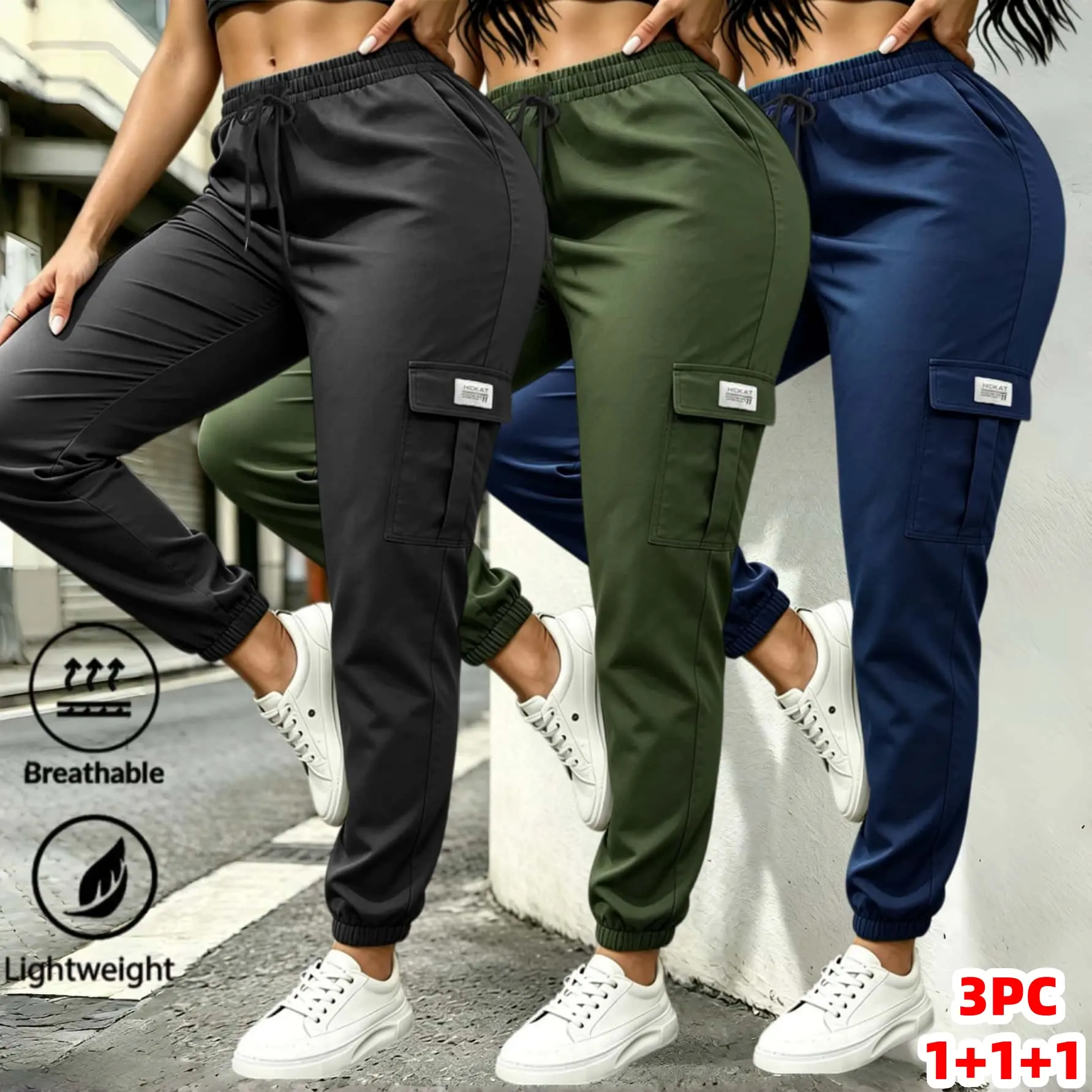 Women’s High Waist Cargo Jogger Pants, Lightweight Quick Dry Parachute Trousers, Drawstring Elastic Waist Multi Flap Pocket Jogging Pants, Solid Color Breathable Streetwear Sweatpants for Outdoor Hiking, Travel & Daily Casual Outfits