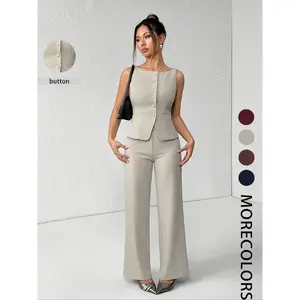 Women's solid color button chest vest and wide leg pants set, summer casual fashion two-piece set, women's daily clothing, suit, office siren set