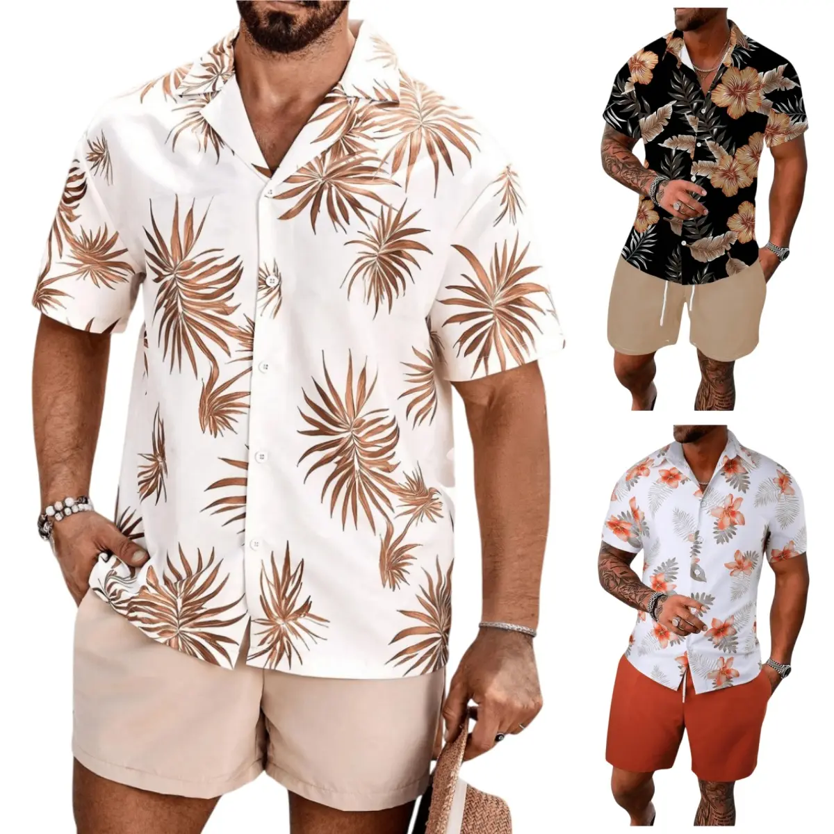 Men's 2 Piece Matching Set, Classic Tropical Floral Hawaiian Shirt and Stretch Shorts, Quick Dry Lightweight Menswear Vacation Outfit, Print, Shortsleeve, Fabric, Outdoor