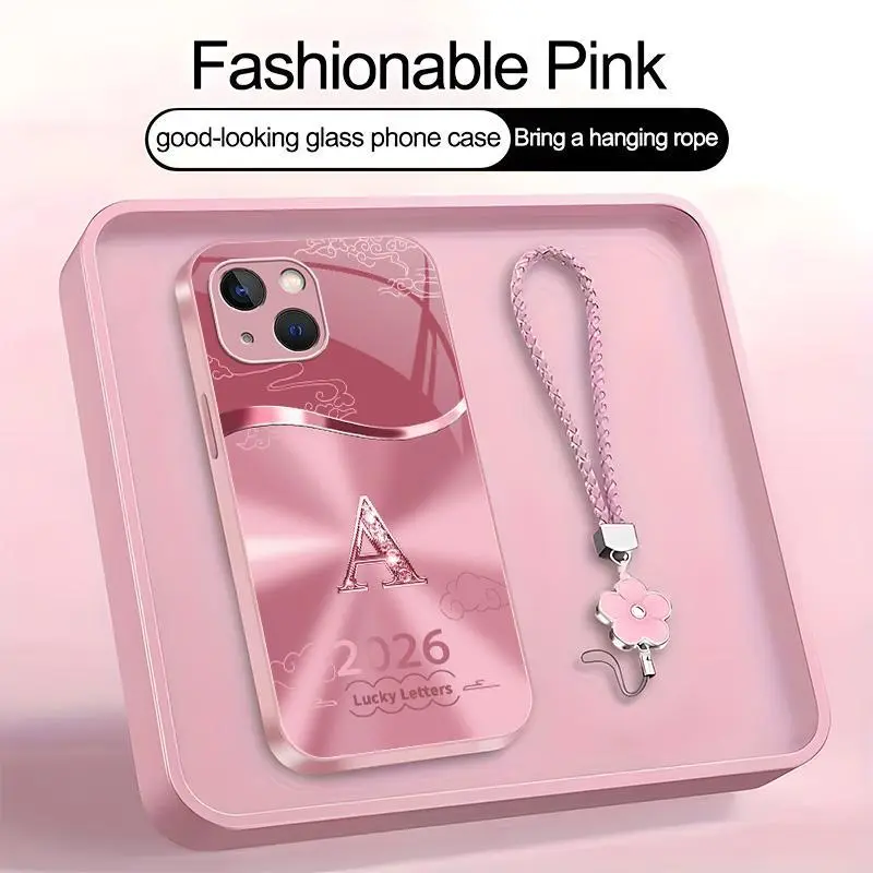 Suitable for [iPhone 13 Mini] high-end women's phone case🤩，a free four-leaf clover lanyard is included, with 26 letters of the alphabet to choose from，auspicious cloud patterns bring you good luck YM99