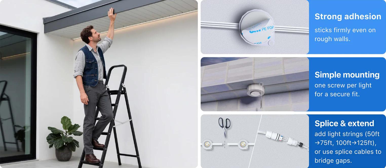 Lepro AI Permanent Outdoor Lights E1-60 100ft with 60 Triple-LED RGBIC+Warm/Cool White Smart Lighting App Control Alexa Google Enabled for Christmas Halloween