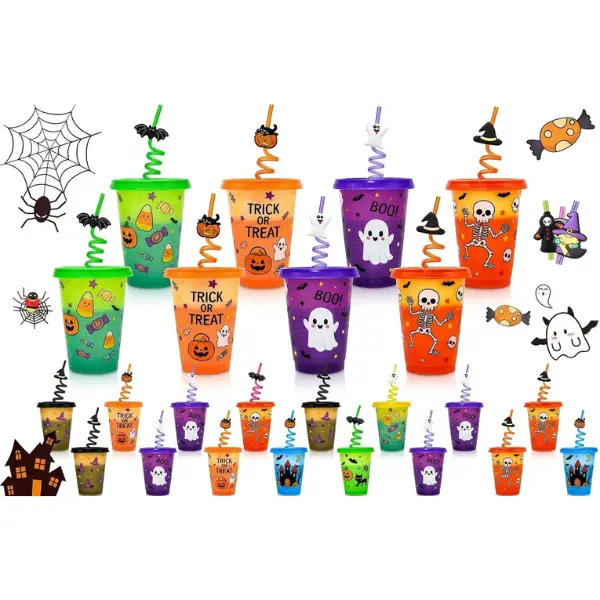 8 Pack Halloween Color Changing Cups with Lids and Straws, 16 Oz Reusable Halloween Party Cups for Kids and Adults, Plastic Cold Drink Tumblers, Halloween Party Favors, Bulk Drinkware for Parties and Celebrations