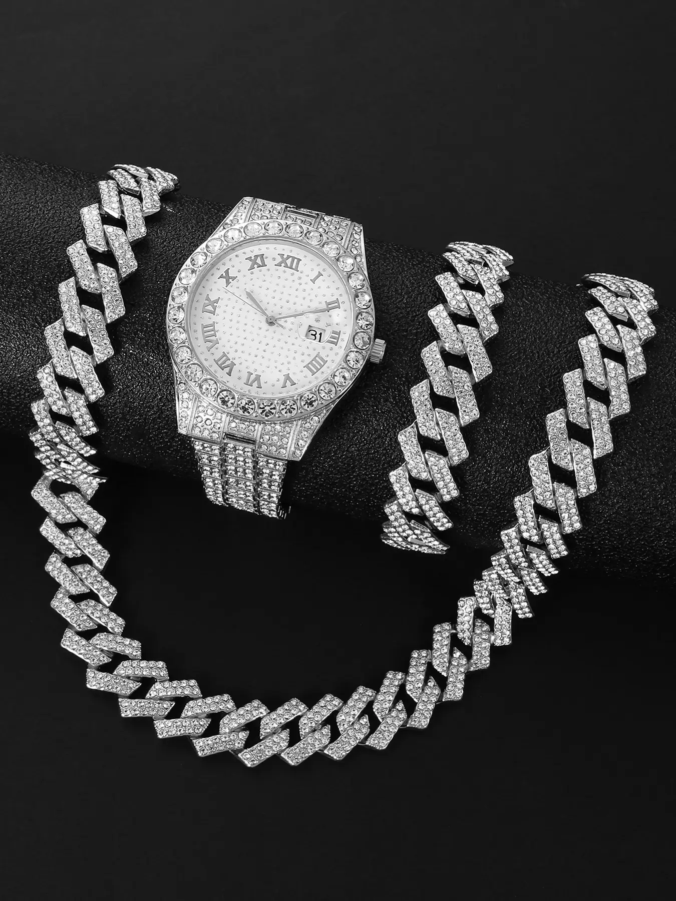 Fashion diamond-encrusted watch, hip-hop Cuban chain necklace, quartz watch set, Jewelry Watch Set, Accessory Set, Accessories Set