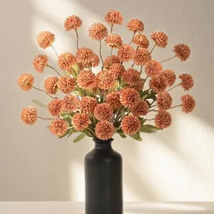 Faux Flowers for Vase - Kiku 10 Stems, Fake Flowers Stems for Pottery Vase, Realistic Artificial Flowers, Pom Pom Balls for Aesthetic Room Decor, Floral Arrangements Centerpiece (Orange)