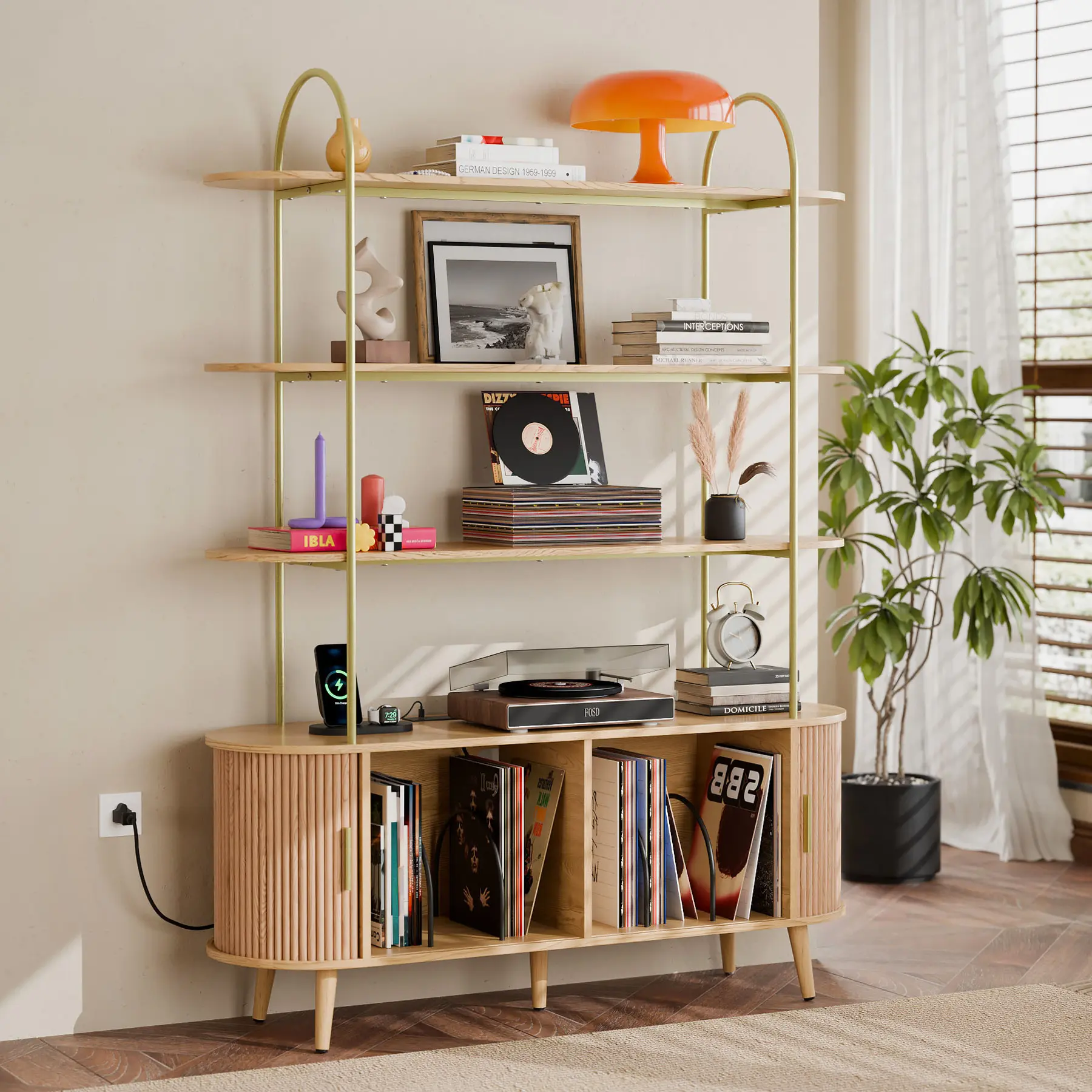 Mid-Century 5-Tier Record Player Stand with Vinyl Record Storage, 4 Open Display Shelves, Sliding Doors, Removable Metal Dividers, Speaker Compartments, 2 AC Outlets, USB and Type-C Ports, Cable Management