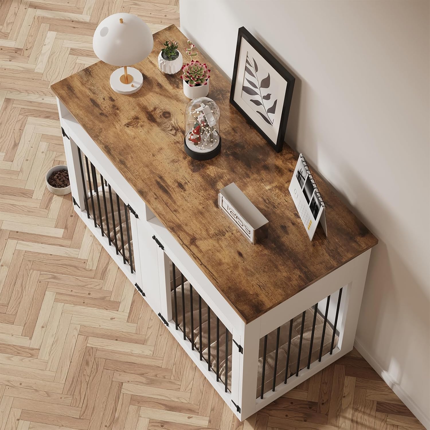 HOMBCK Dog Crate, 41/55/63/72 inch, with Removable Divider and Shelf Storage, Wooden Indoor Dog Crate for Large/Medium/Small Dogs, Farmhouse