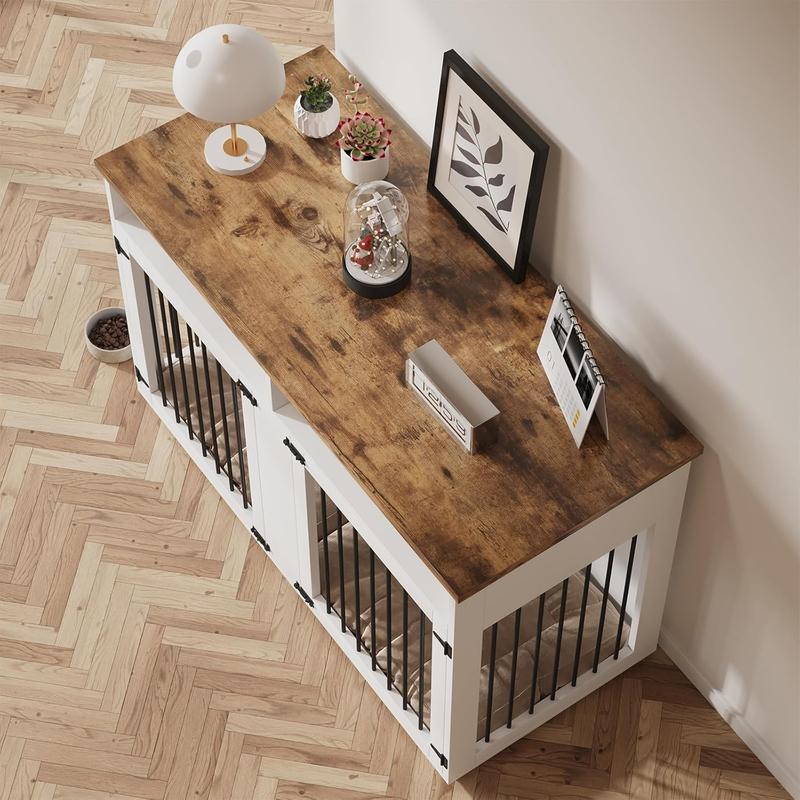 HOMBCK Dog Crate, 41/55/63/72 inch, with Removable Divider and Shelf Storage, Wooden Indoor Dog Crate for Large/Medium/Small Dogs, Farmhouse