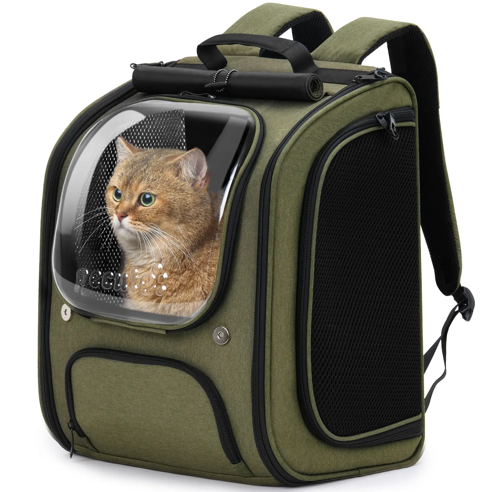 Pecute Cat Carrier Backpack with Bubble Space Capsule - Airline Approved, Expandable, Locking Zipper, Ventilated Mesh, Breathable Fabric, UV Protection, Padded Straps, Foldable, No Pulling (Black,Pink,Green,Gray,Khaki),back to school