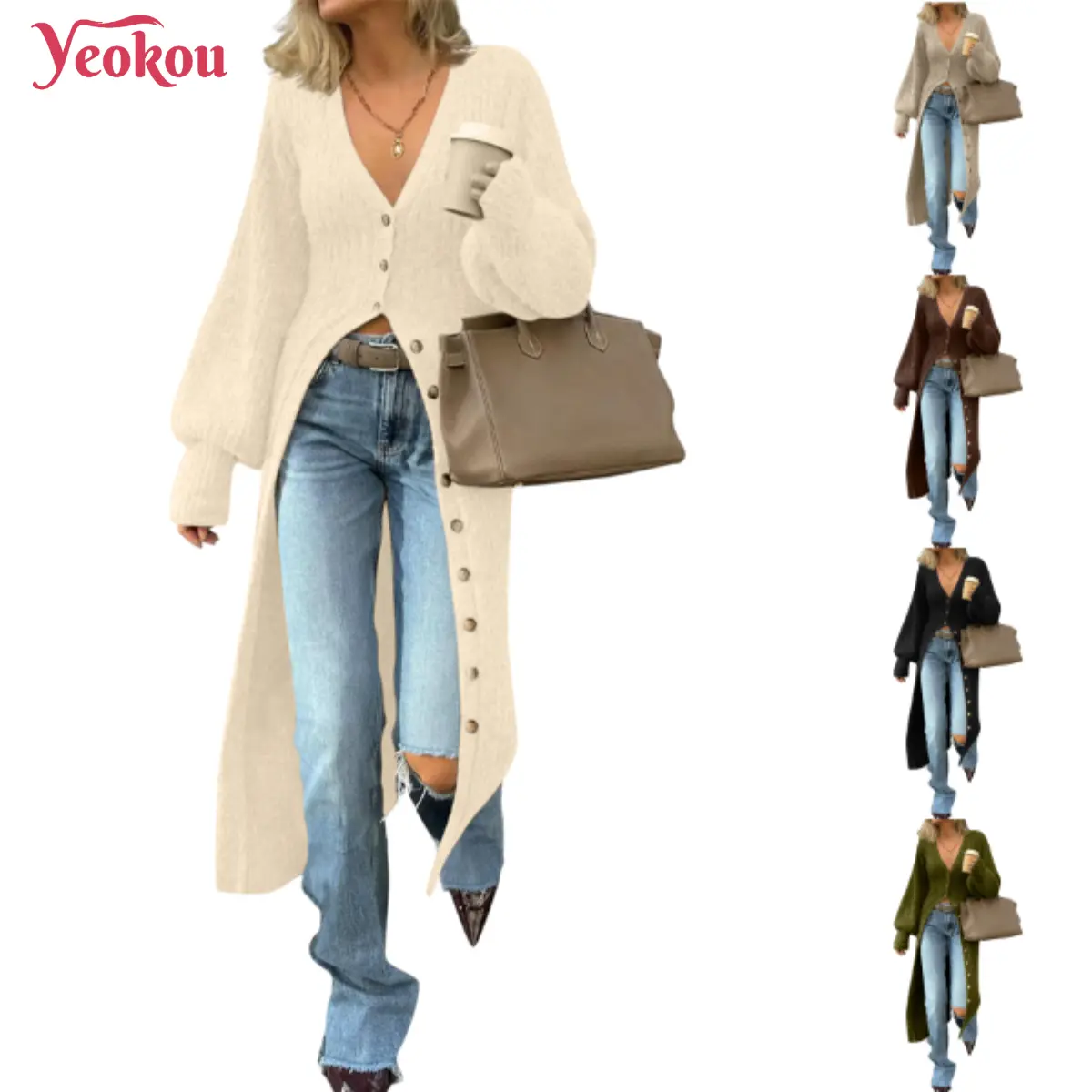 Yeokou Women's Minimalist Knitwear Duster Cardigan - V-Neckline, Long Sleeves, Button-Down Detail, Fall Wear Chunky Knit Top Coat
