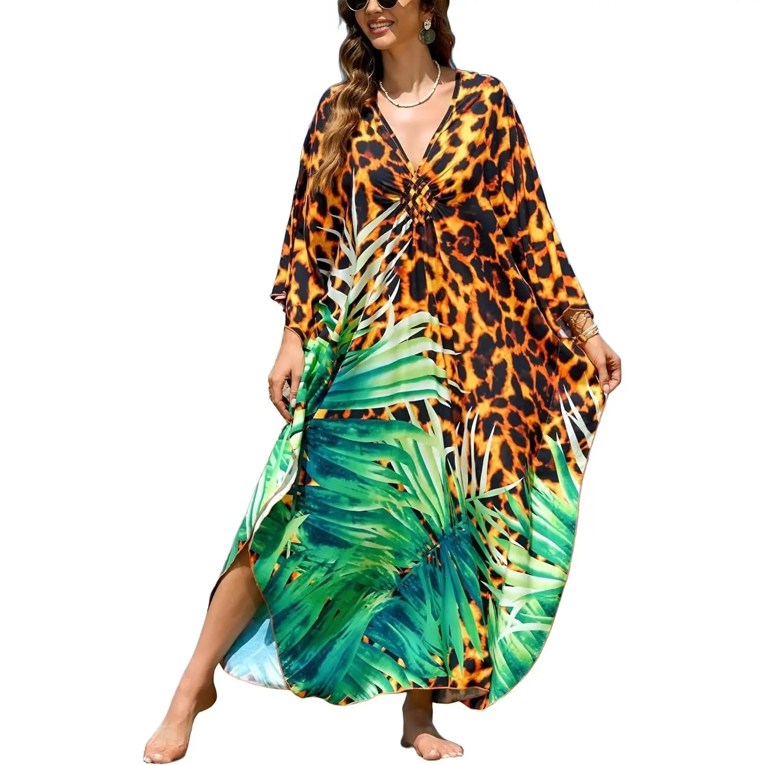 Women's Plus Size Animal Print V-Neck Batwing Kaftan Beach Dress Bathing Suit Cover-Up Loungewear