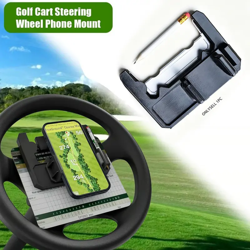 Golf Cart Steering Wheel Smartphone Mount, Flip-Up Secure Grip Cell Phone Holder, Compatible with Club Car, Easy Access Mobile Phone Stand