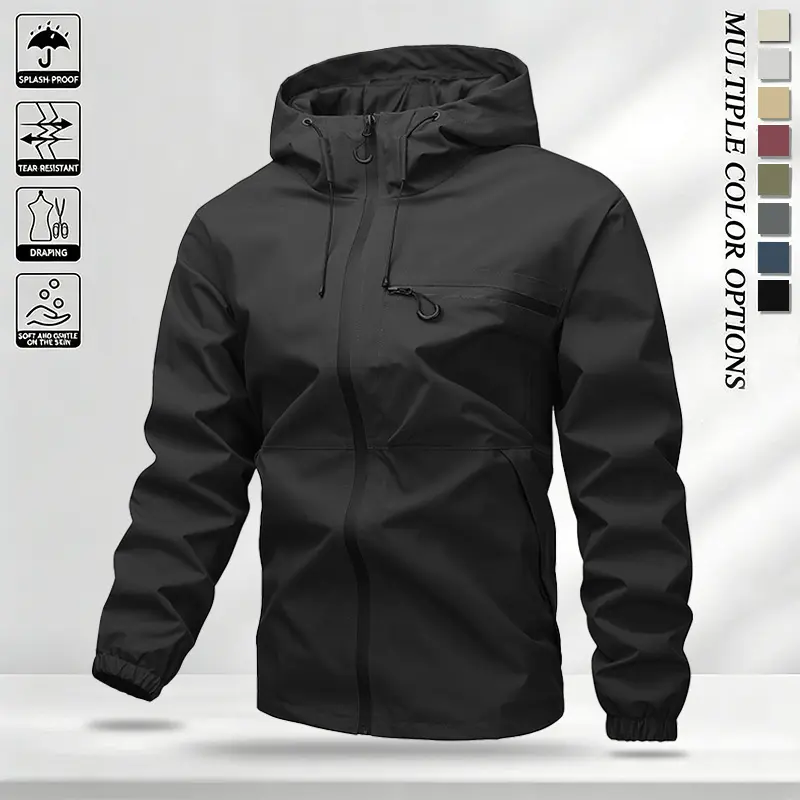 Men's New Windproof Waterproof Outdoor Hoodie Comfortable Fabric, Relaxed Fit Versatile Sports Jacket; Features an Adjustable Drawstring Hood, Ribbed Cuffs, and Full-Zip Front Closure; Perfect for Outdoor Activities Like Hiking, Jogging, Fishing, Gym Wo