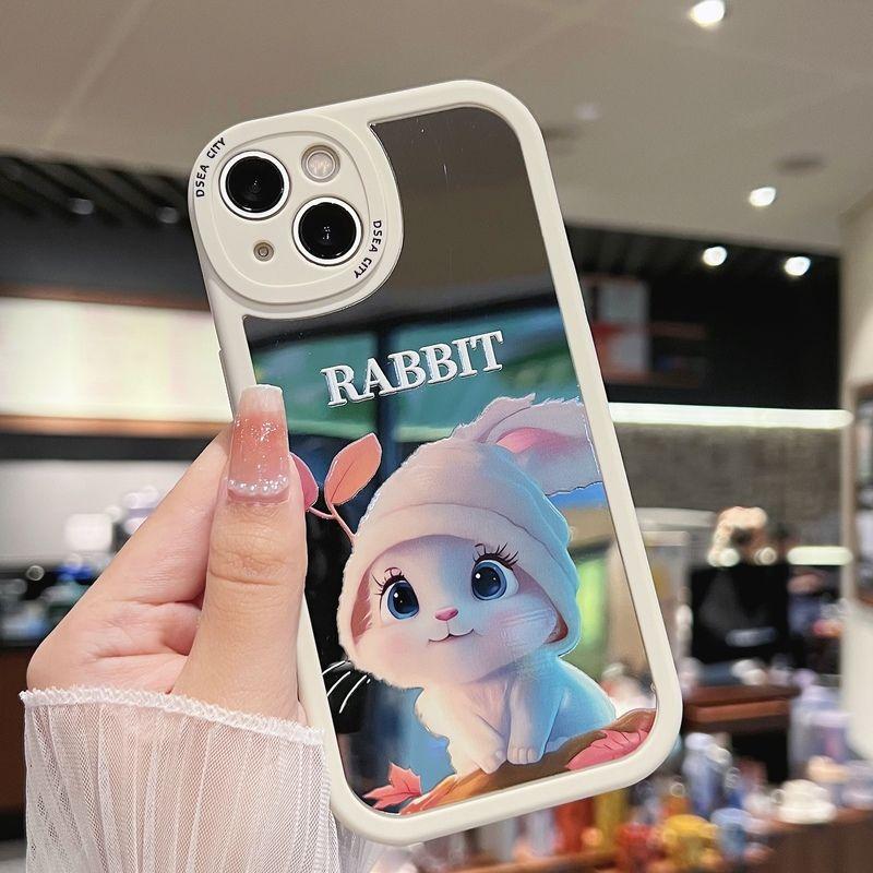 Cute bunny pattern phone case, suitable for iPhone 17/16/15/14/13/12/11 Pro Max Plus and Samsung models (S25, S24, S23, S22, S21, S20, A series), features a mirror back panel and shockproof soft silicone protection 995