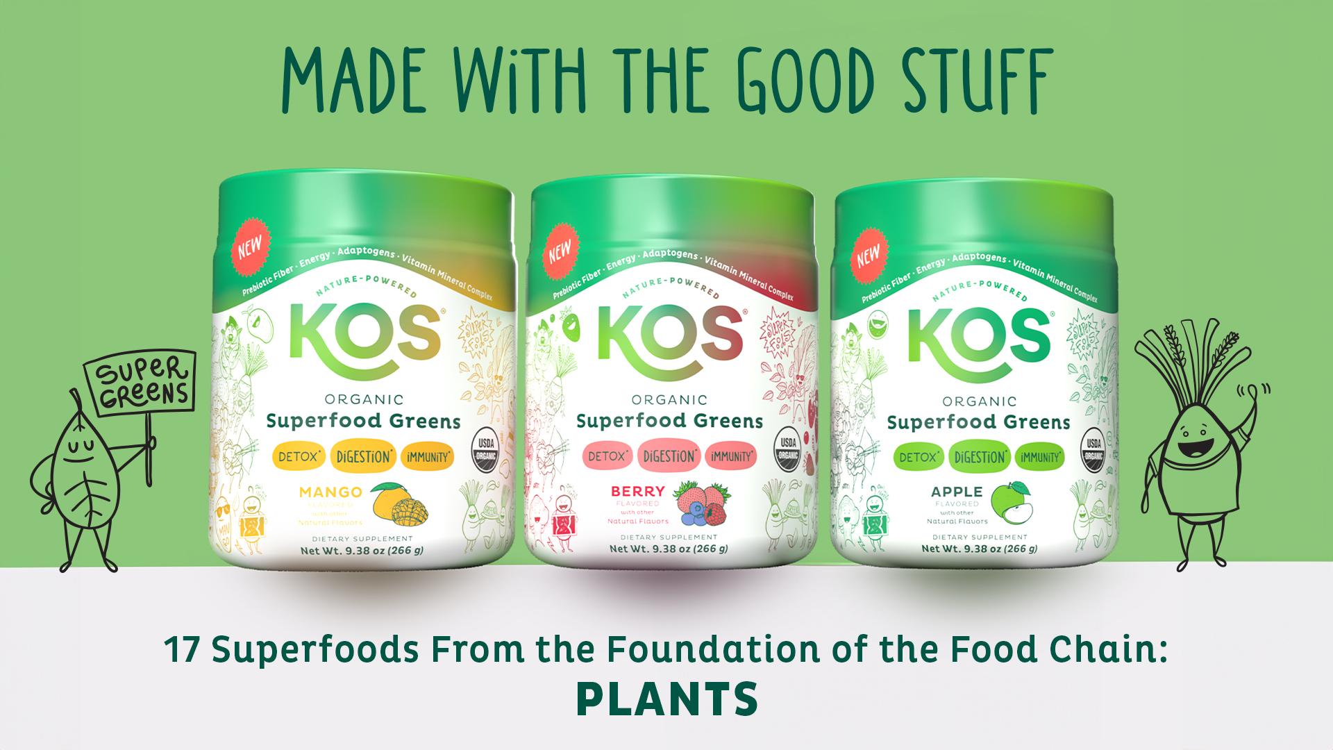KOS Organic Superfood Greens Apple Flavor - 28 Servings USDA Certified Prebiotic Fiber Adaptogenic Mushroom Blend Gut Health Supplement - Vitamin