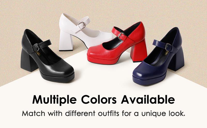 Dream Pairs Women's Square Toe Mary Jane Block Heel Pumps - Cuban Heel Glossy PU Upper Retro Design Comfortable Cushioning Available in Multiple Colors