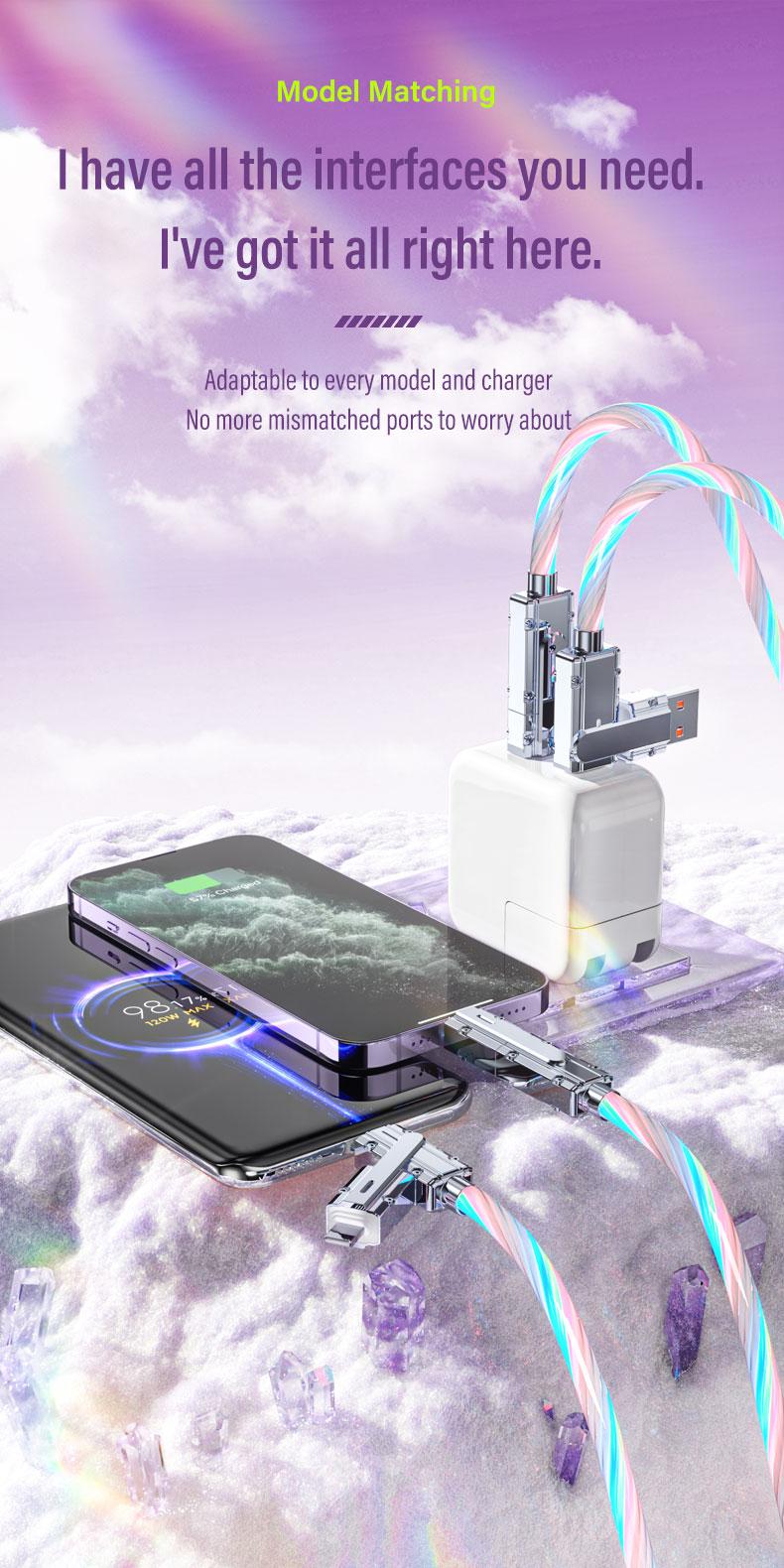 Four-in-One 100W Colorful lights Data Cable,Supports fast charging and data transmission,Free switching four interfaces, Luminous Durable