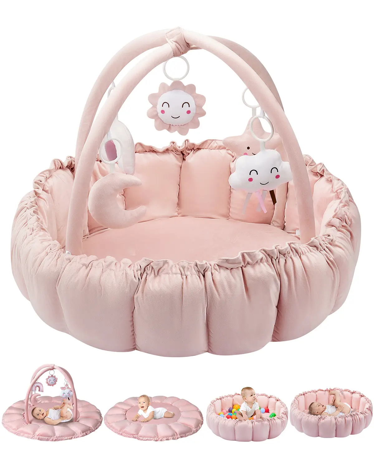 5-in-1 Convertible Baby Gym Play Mat with Hanging Toys, Soft Padded Baby Lounger & Ball Pit, Plush Tummy Time Mat for Newborns to Toddlers, Machine Washable, Gray/pink,back to school