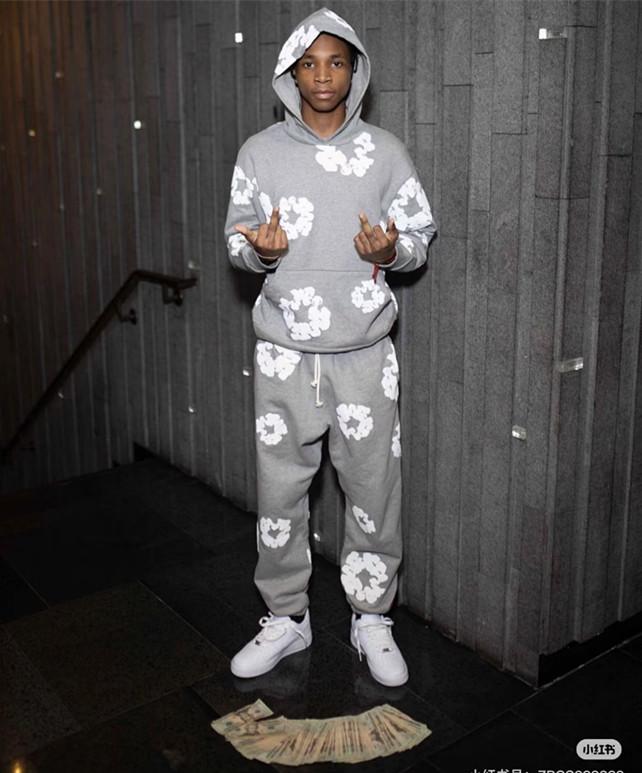 DENIM TEARS Brand Hot Selling New Fashionable Cotton Foamprinted Hoodie European and American Trendy Men's Sportssuit Pink Floral Design with Hood and Drawstring