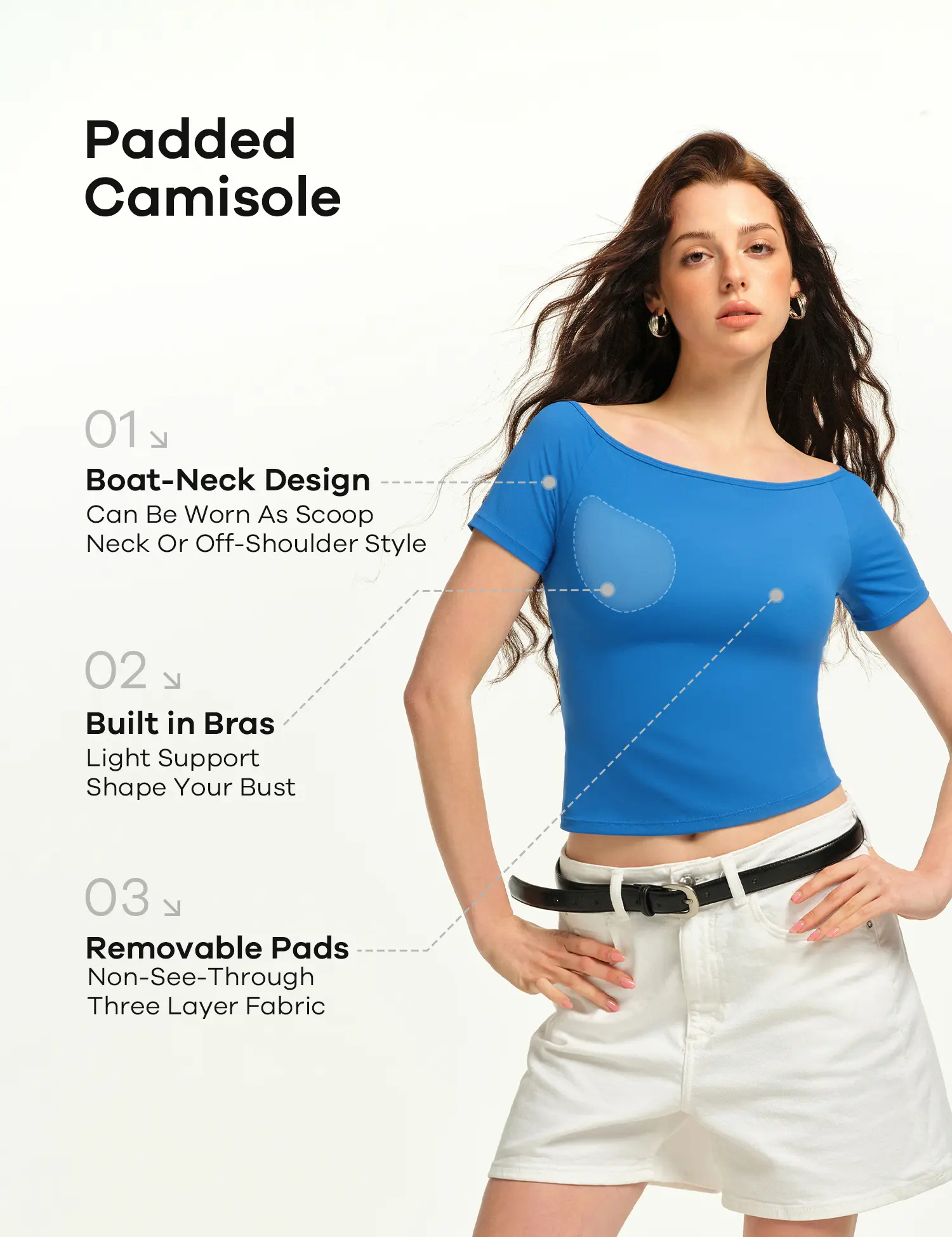 Women's Boat Neck Off-Shoulder T-Shirt - Removable Padded Bra, Y2K Style, Womenswear Top