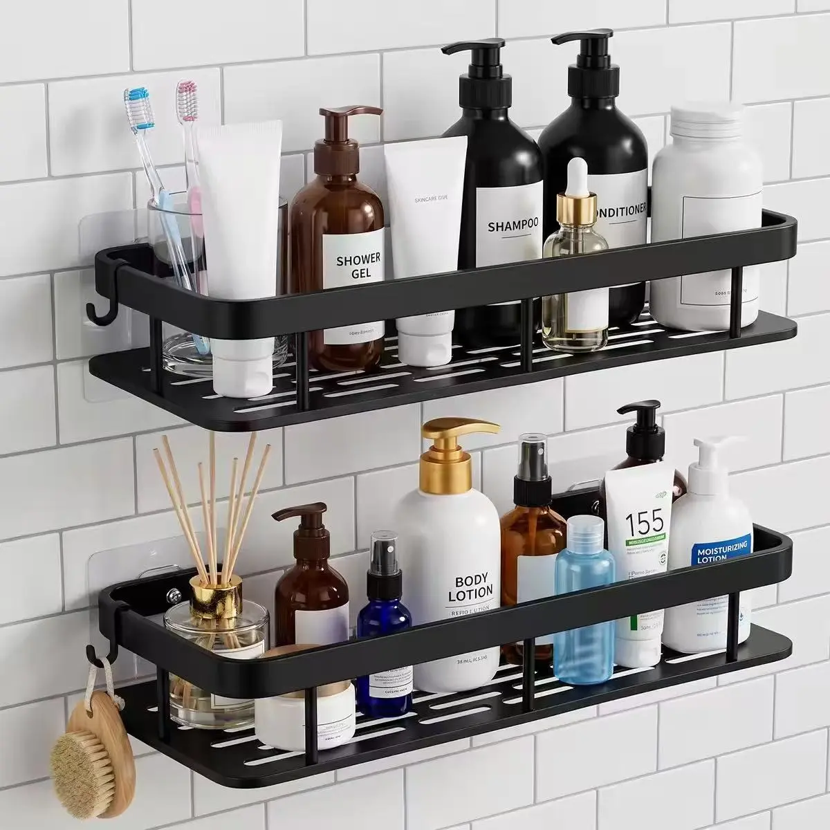 POLARIS Shower Caddy Adhesive 2 Pack Black Bathroom Accessories, Wall Organizer, No Drill Bathroom Shower Organizers With Removable Hooks, Rust Proof Shower Shelves For Inside Shower, Easy Installation, Sturdy Modern Look