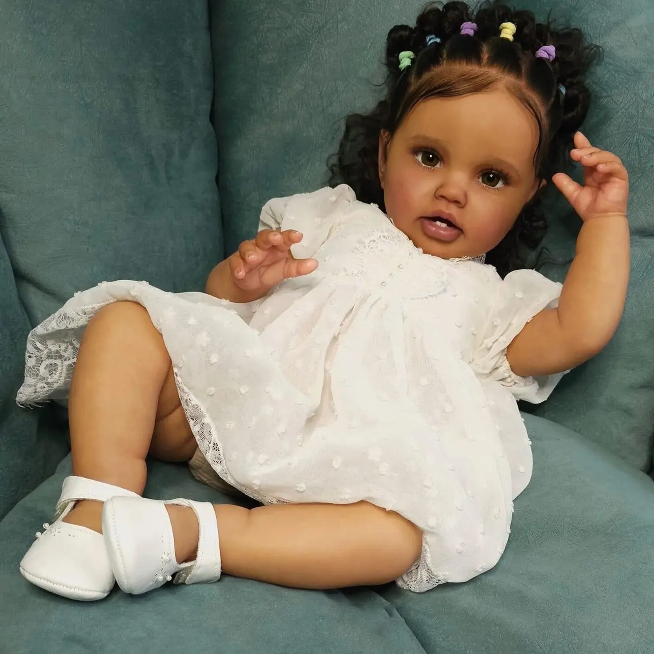 Lucky Reborn Doll 24-Inch African American Reborn Baby Girl Doll, Curly Hair, White Dress, Realistic Open Eyes, Soft Cloth Body, Christmas Gifts, Nurturing Play, First Baby Doll Experiences for Gifting Creative Play Imaginative Play