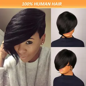 2026 Fashionable Wholesale [Pixie Cut Wig] 10" Human Hair Wig for Women - Glueless Pixie Cut |   Straight Black Hair with Long Bangs, Full Machine Made, 180% Density, Rose Net Cap, Perfect for Everyday Style, Everyday Wig Wear |    Realistic Hairline