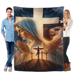 Divine Jesus & Mary Prayer Cross Flannel Blanket – Serene design featuring a glowing cross framing the Virgin Mary and Jesus in prayer, with the crucifixion scene below, perfect for spiritual comfort and faith-inspired cozy moments.