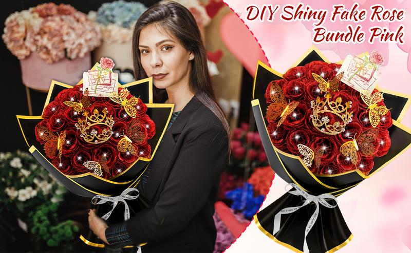 28 Red Glitter Roses Bouquet - Artificial Flowers Bouquet with Diomand Pins,Red Roses DIY Fake Flower Bouquet Kit - Sparkling Flower Arrangement for Valentines Day,Anniversary,Weddings Engagement