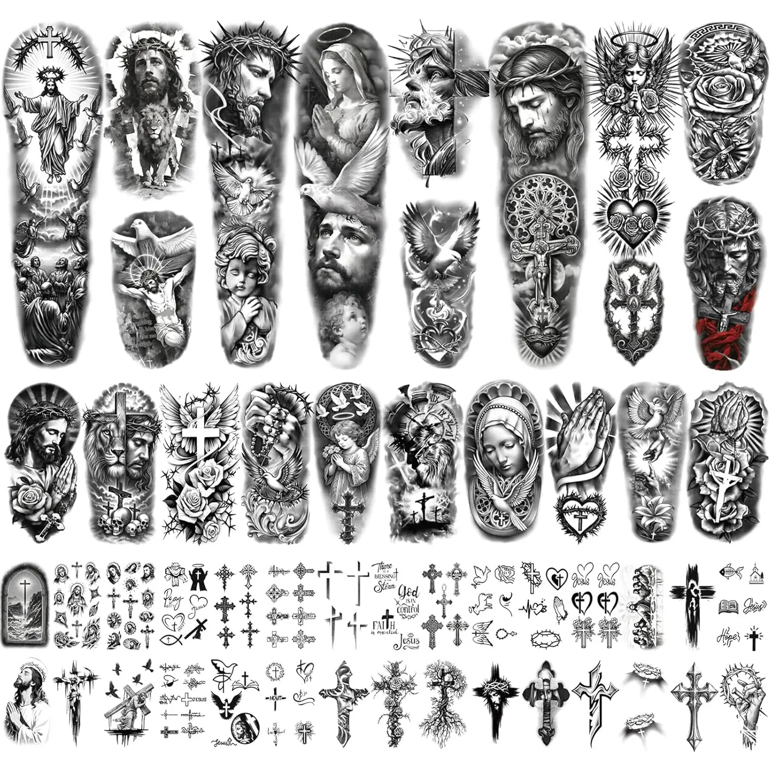 48 Sheets Christian Full Arm Temporary Tattoos For Adult, Religious Jesus Christ Cross Angel God Half Arm Fake Tattoos, Christ Catholic Realistic Tiny Body Temporary Tattoos for Men Women Kids
