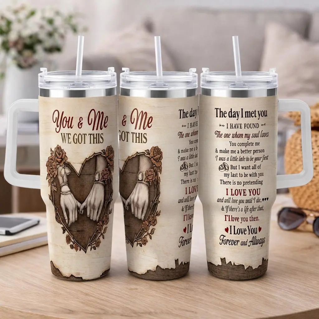 Stainless Steel Insulated Tumbler Flask - 40oz/30oz/20oz, You And Me Love Quote, Romantic Holding Hands Rose Heart Design, Portable Stylish, Durable Leakproof, Lid & Straw, Anniversary Wedding Gift For Home Office, Flasks, Drink, Print, 12H Hot Or Cold, B