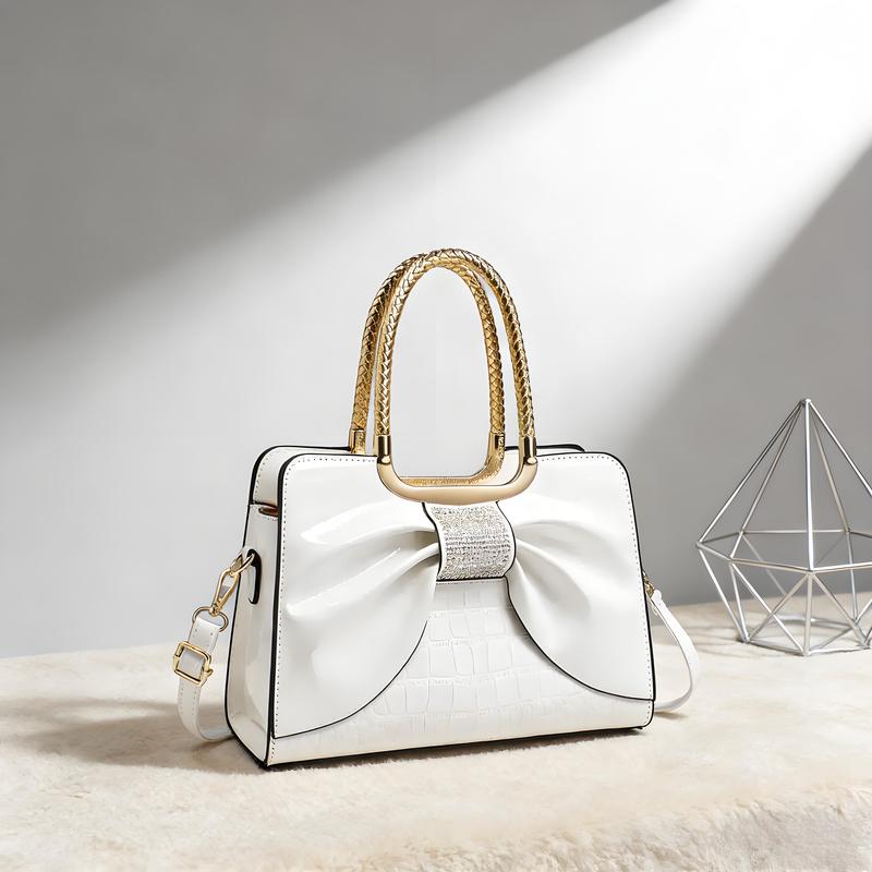 Elegant Temperament Women's Leather Bag-Crocodile Pattern & Bow Detail,3-In-1 Style (Shoulder + Simple Handbag + Classic Crossbody)