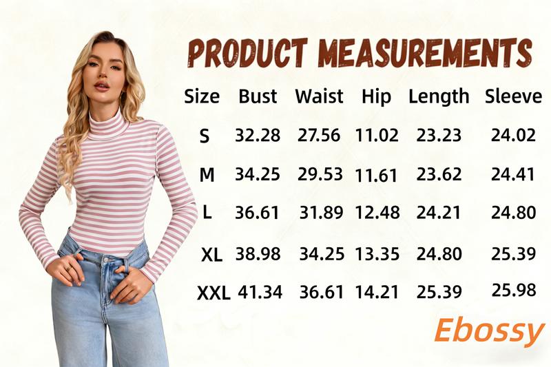 Ebossy Women's Slim-Fit Striped Turtleneck Long Sleeve Top Soft Stretch Fabric Back Detail Basic Layering Shirt for Casual Daily Work Outfits