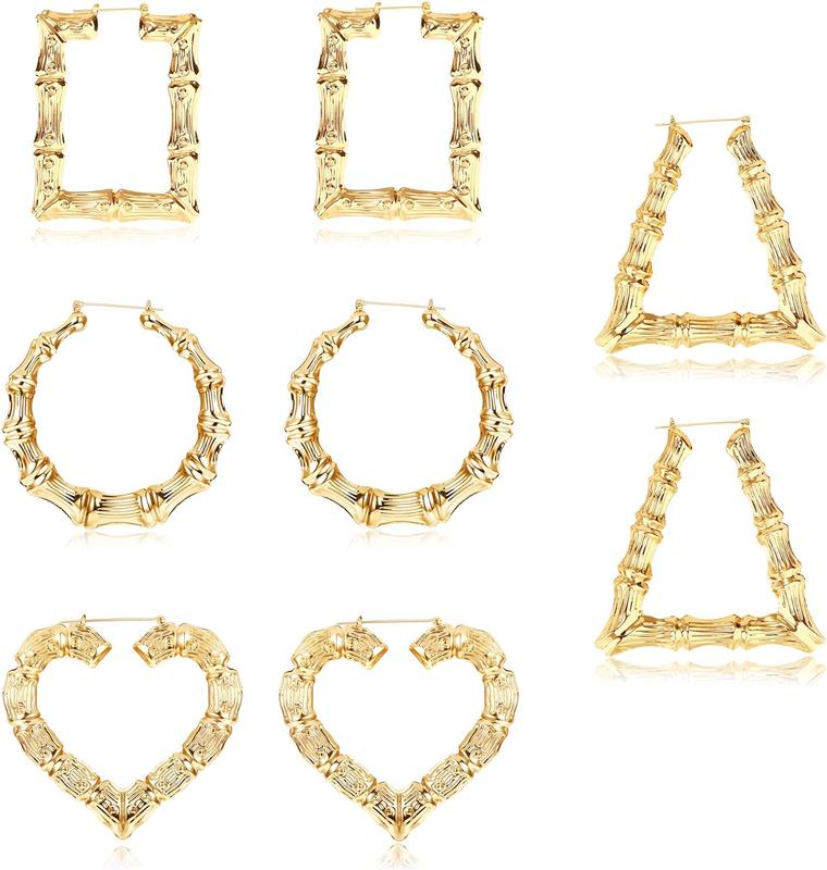 Jstyle 4 Pairs Bamboo Hoop Earrings for Women Large Heart Square Geometric Earrings Oversized Bamboo Hoop Earrings Set Hip-Pop Jewelry Fashion Party Costume Accessory Daily