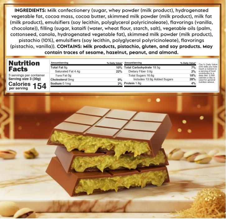 Dubai Chocolate Bar Pistachio – 2.6 oz Premium Dessert with Pistachio Cream & Kataifi Filling | Gourmet Dubai Chocolate Filling | Elegant Gift Chocolate