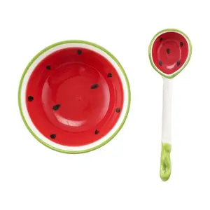 Golden Lion Cute Cartoon Watermelon Ceramic Bowl with Spoon Set - Adorable Fruit-Shaped Tableware for Kids & Adults