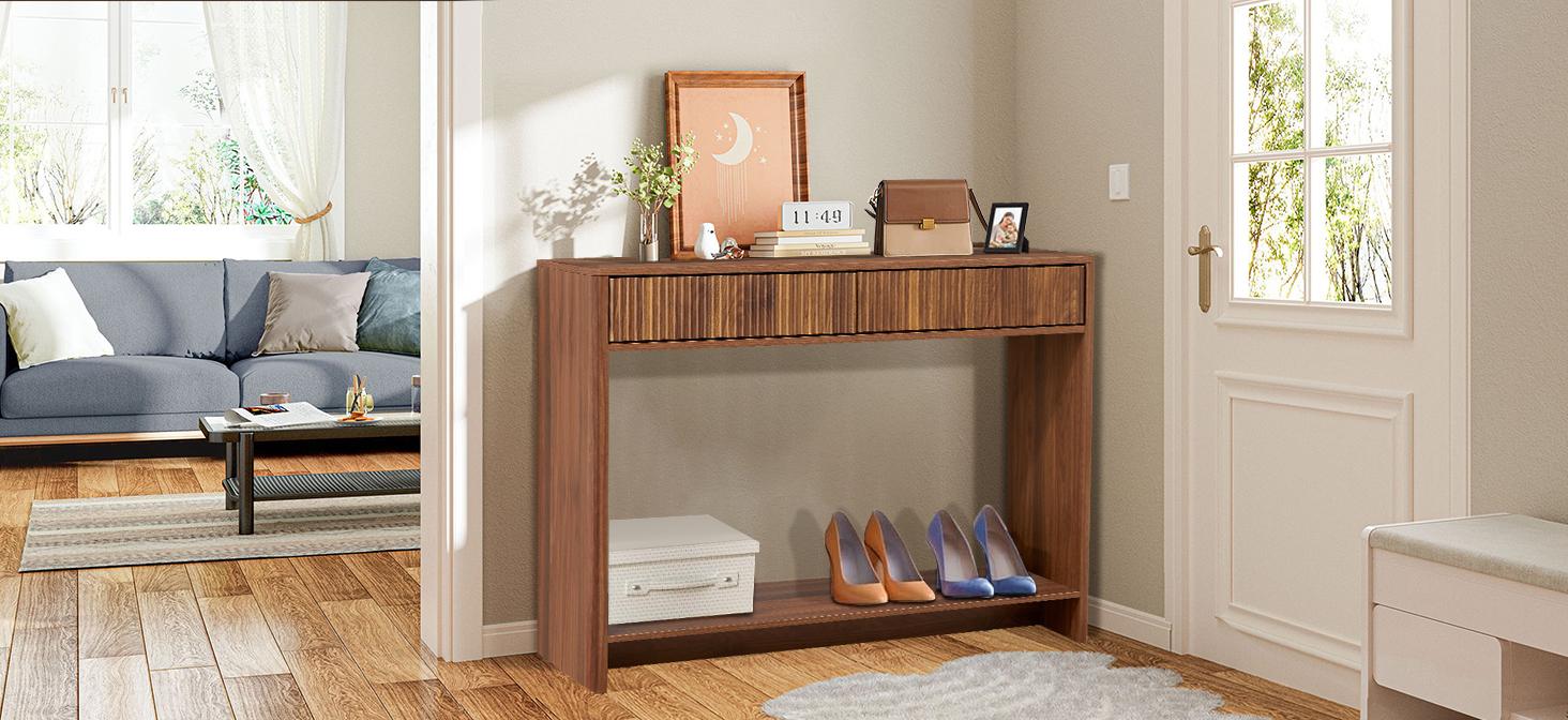 Giratree Narrow Console Table with 2 3 Drawers, Entryway Table with Storage, Table Behind Sofa Long for Living Room TV, Hallway Entrance Foyer, Mid Century Farmhouse Fluted Console Table