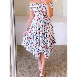 Off-shoulder Irregular Digital Print Midi Dress Casual Womenswear Summer Bohemian Shortsleeve