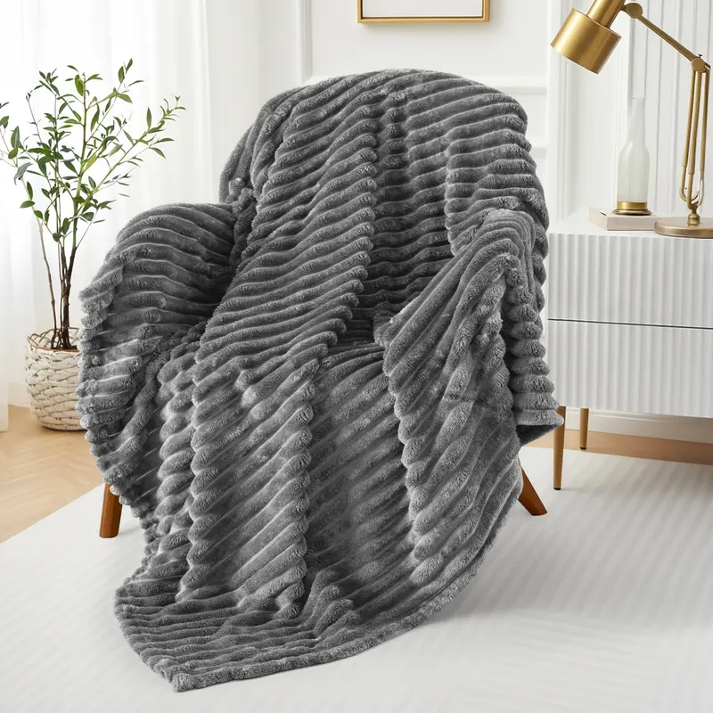Lux Decor Ultra Soft Striped Throw Blanket - Gentle. Lightweight, Cozy 3cm Stripe Design Fleece Throw -Stress Relief All‑Season Blanket for Bed, Couch, Travel & Camping, Classic Stripe Design - Home Decor - Plush Gift Idea