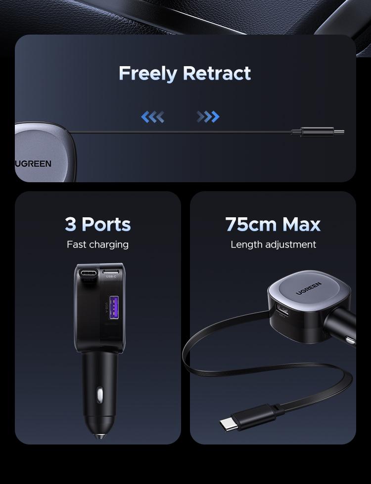 UGREEN Retractable Car Charger, 75W USB C Car Accessories Adapter for iPhone 17/16 USB C Charger Fast Charging, Deals for you, Travel Essentials Gifts for Women Men,September Restock，TikTokShopBlackFriday ,TikTokShopHolidayHaul