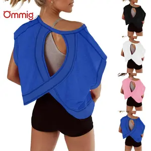 Ommig Womens Open Back Workout Top Oversized Workout T Shirts Backless Athletic Shirt Short Sleeve Baby Tee